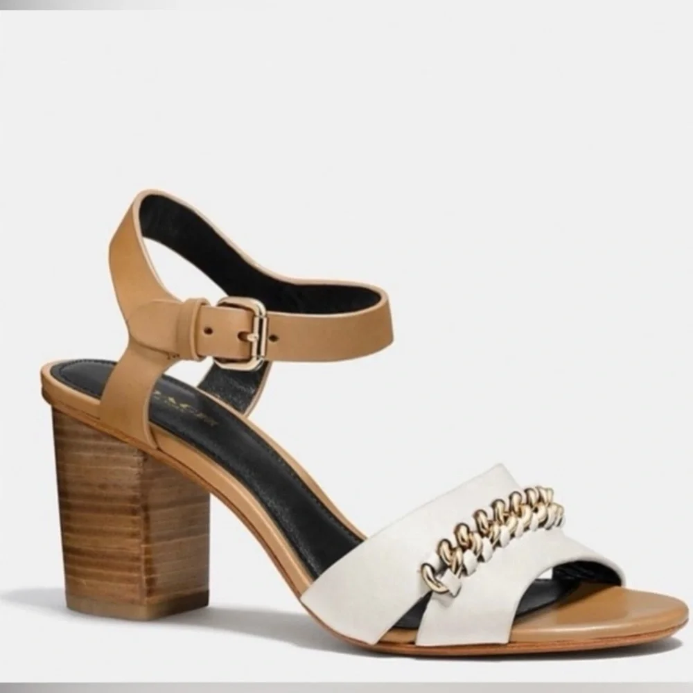 Coach SANDALS. Women's Two-Tone Tan & White Block Heel Sandal with Chain Detail. - Picture 1 of 9